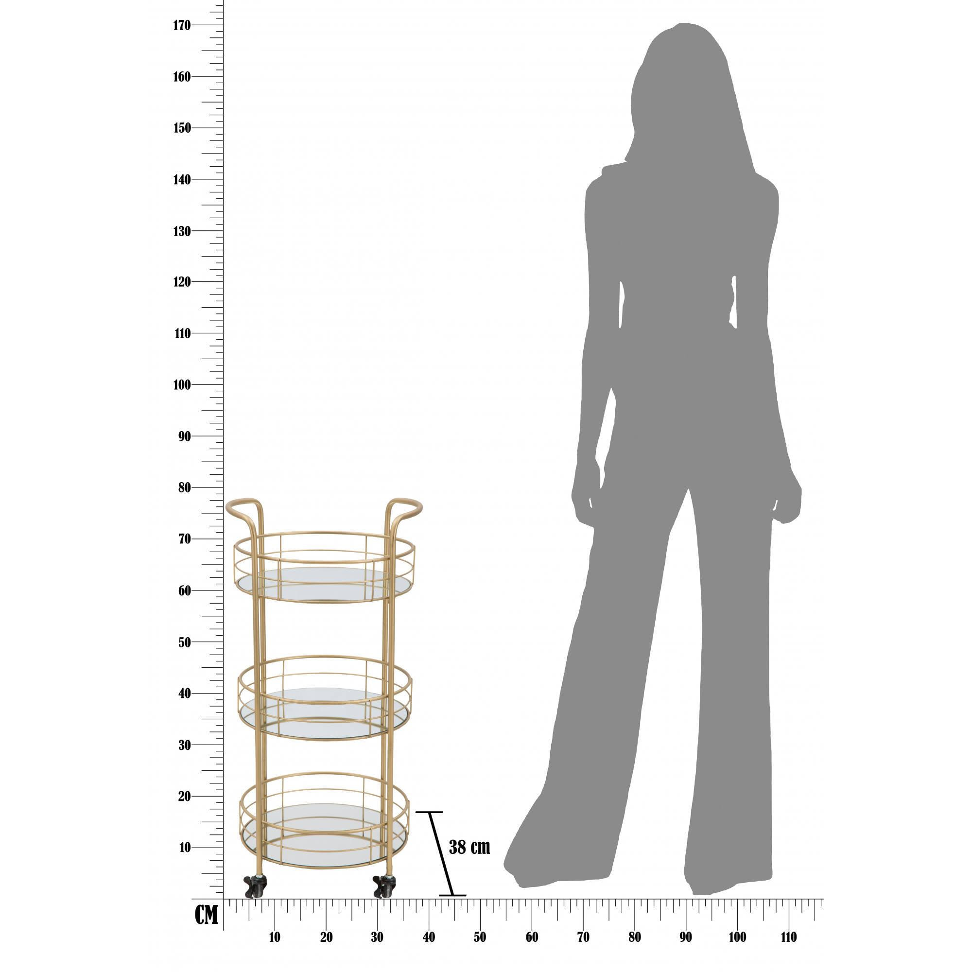 Carrello rotondo in metallo dorato, tre ripiani in specchio, colore oro, Misure 38 x 77,5 x 38 cm