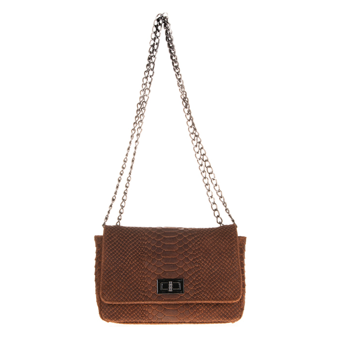 FIRENZE ARTEGIANI Monteriggioni Borsa a Spalla da Donna. Vera Pelle Scamosciata Incisione Serpente Made in Italy 24x8x15 Cm. colore marrone