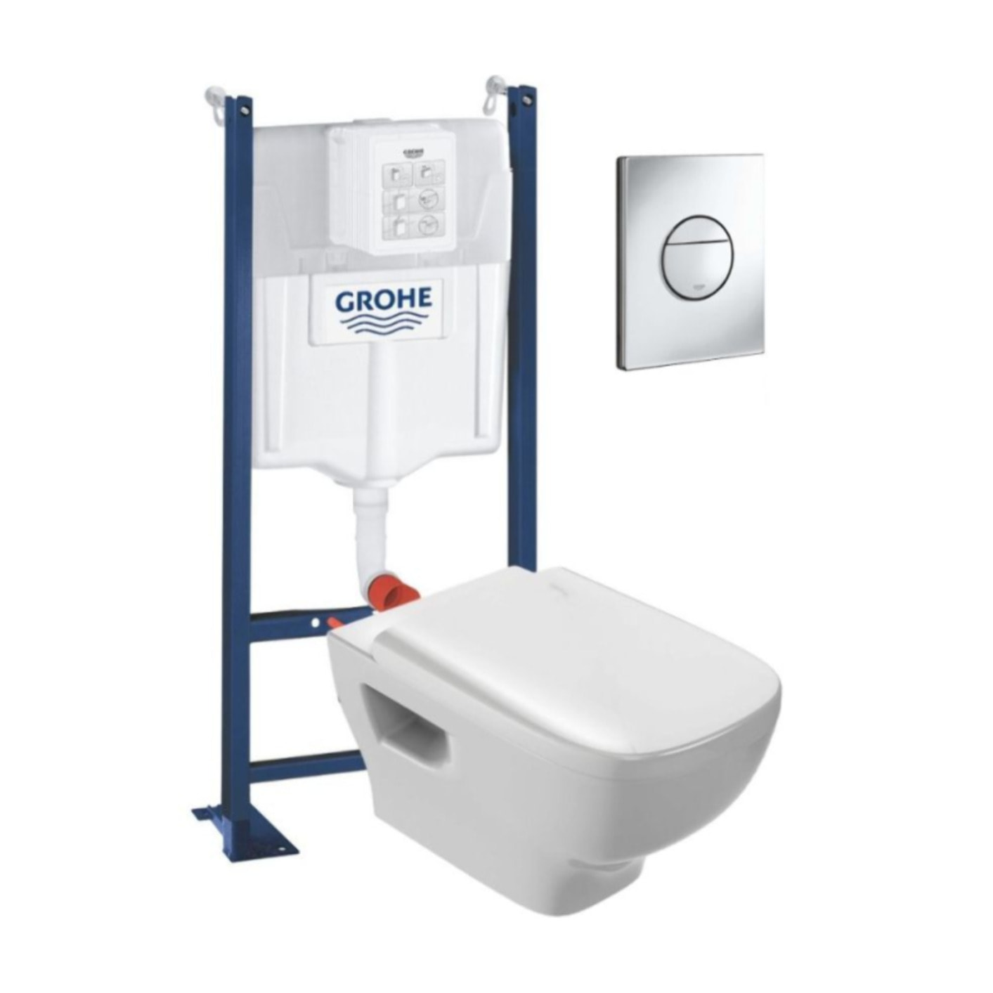 WC suspendu sans bride Jacob Delafon Struktura + abattant + Bâti support + Sail Plaque de commande WC rond chromé