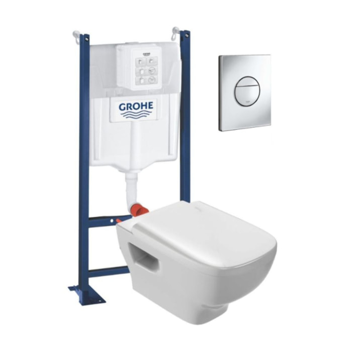 WC suspendu sans bride Jacob Delafon Struktura + abattant + Bâti support + Sail Plaque de commande WC rond chromé