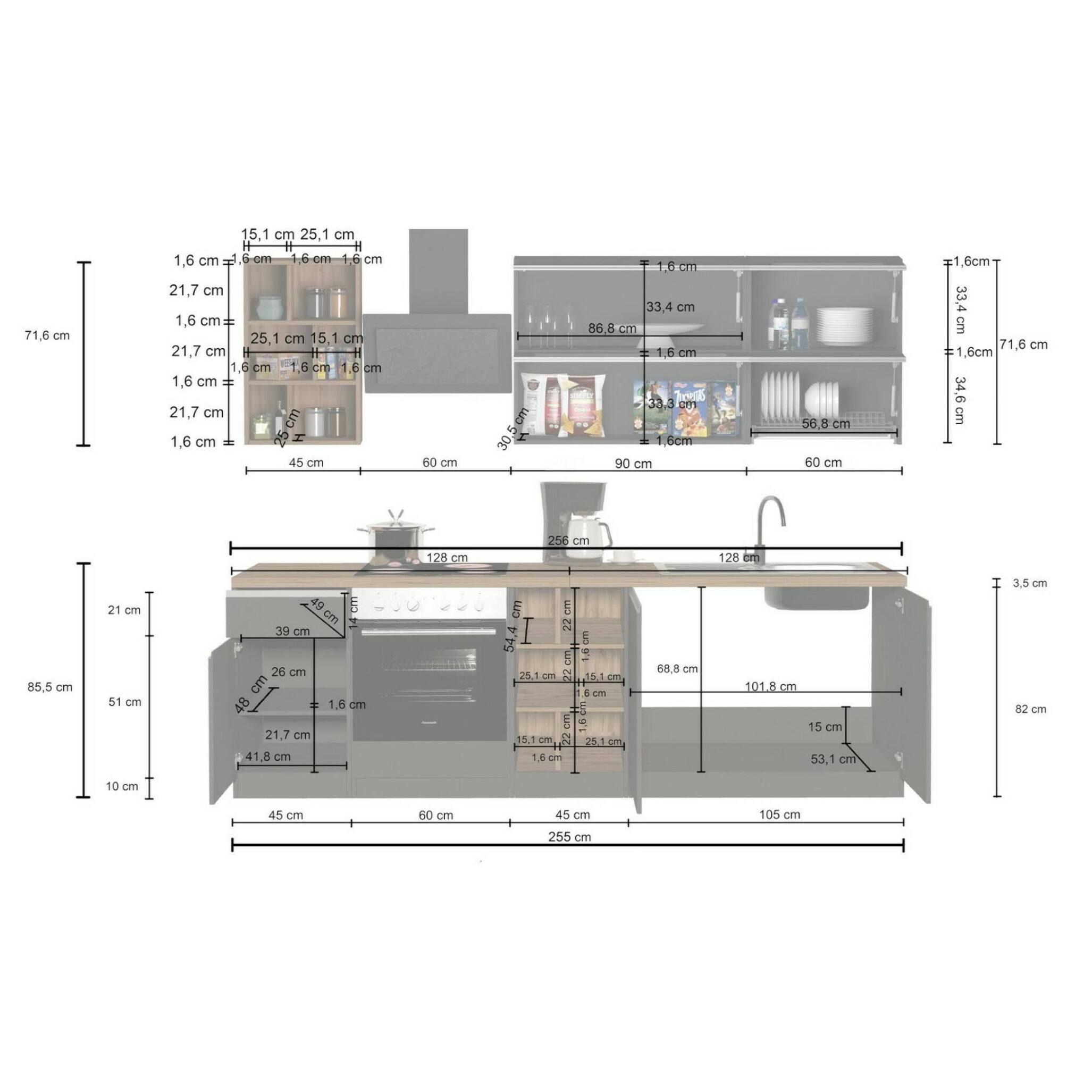 Cucina completa Dcastill, Cucina pratica e salvaspazio, Parete da cucina con 5 ante e 1 cassetto, 100% Made in Italy, 255x60h85 cm, Bianco lucido e Ardesia