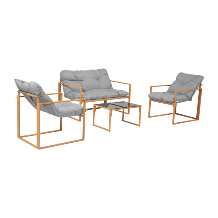 Salon de jardin 4 places contemporain brun et coussins gris LANA