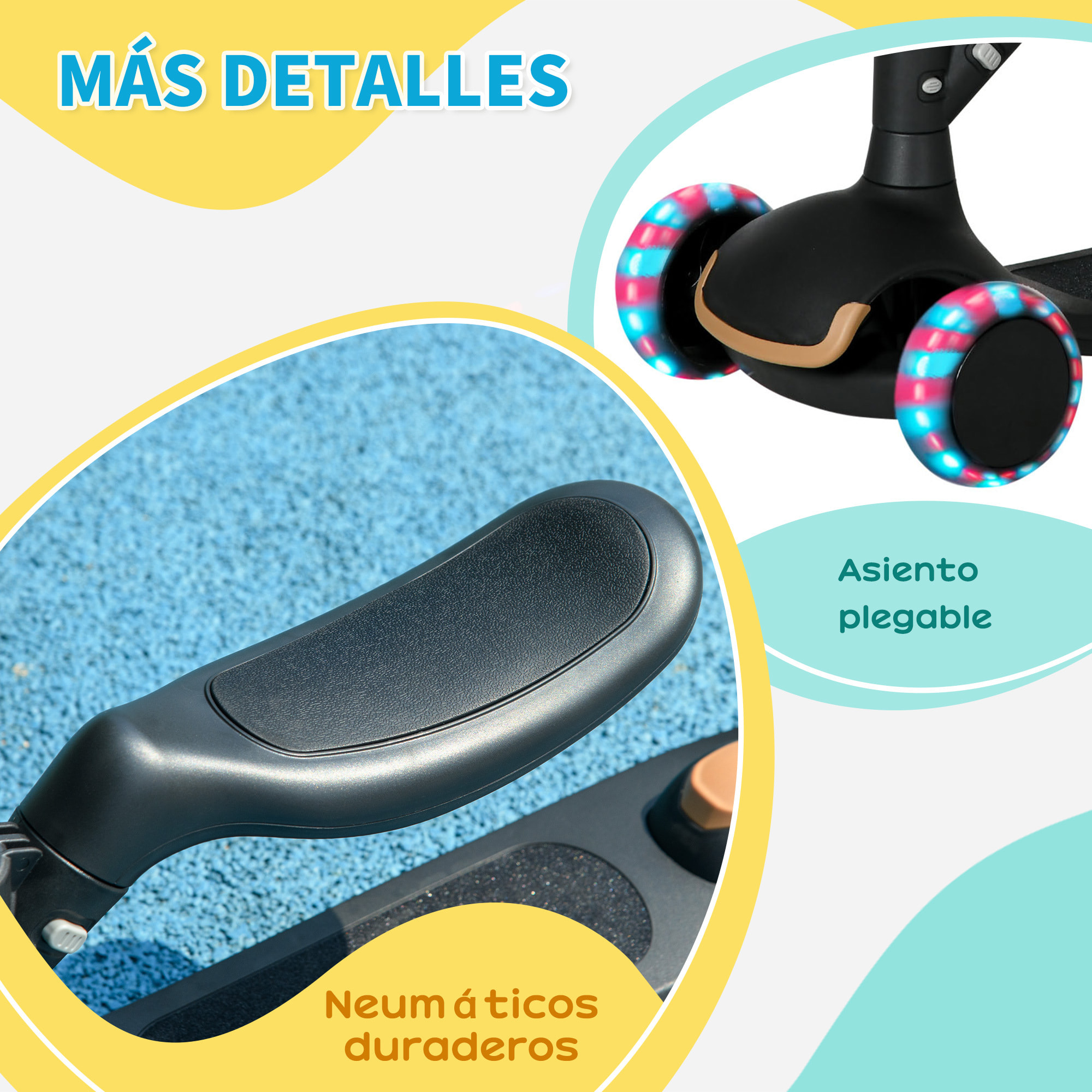 Patinete para Niños 2 en 1 Patinete Infantil Asiento Plegable con Altura Ajustable 3 Ruedas Brillantes para +18 Meses Carga 50 kg 58x31x64-79 cm Negro