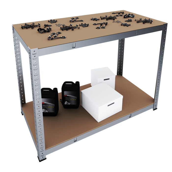 Banco Tavolo Da Lavoro Senza Bulloni In Acciaio Metallo e MDF Portata Fino a 600 Kg Con 2 Ripiani Regolabili Garage Officina Cantina 87 x 120 x 60 cm
