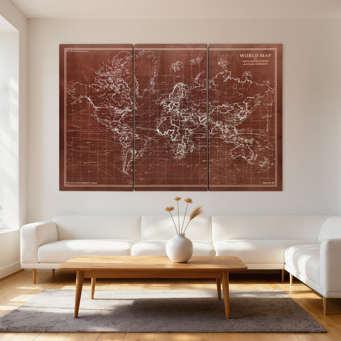 Cuadros en Lienzo Trípticos de Mapamundi Vintage a Mano, 120x60 cm, Cuadros Grandes de Arte de Pared con Marco de Madera, Decoración Elegante para Dormitorio, Salón, Cocina, Marrón