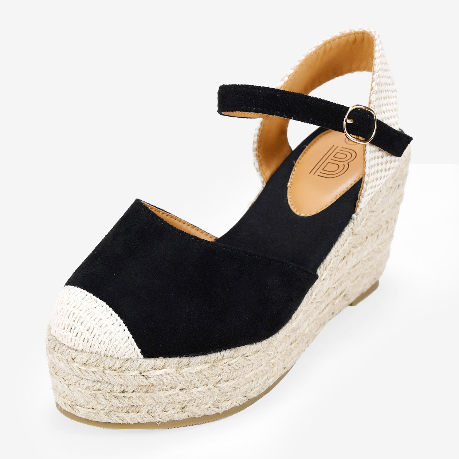 Alpargatas negras con pulsera y cuña de esparto