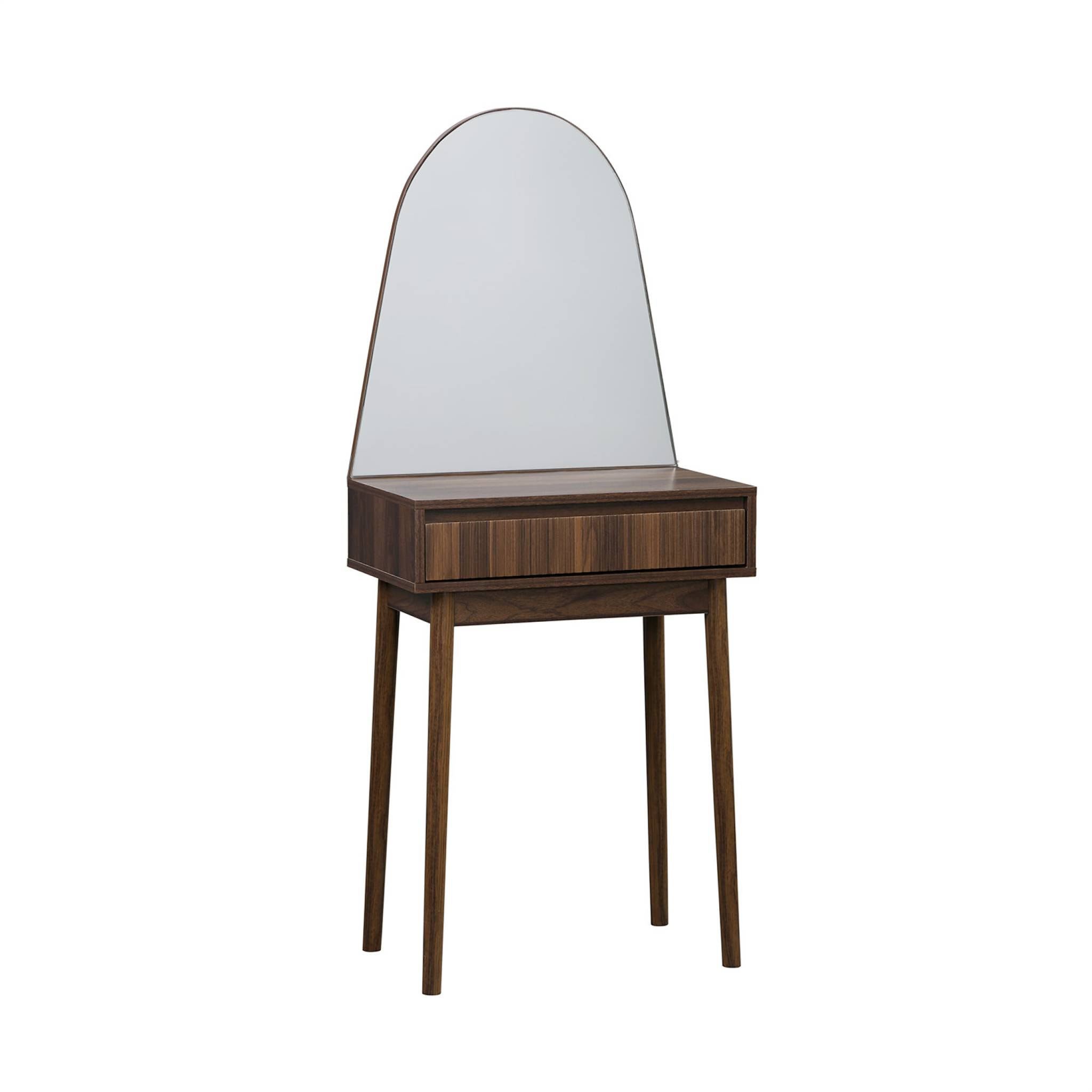 Coiffeuse décor bois LINEAR miroir arrondi 1 tiroir 60 cm. façade striée. Noyer