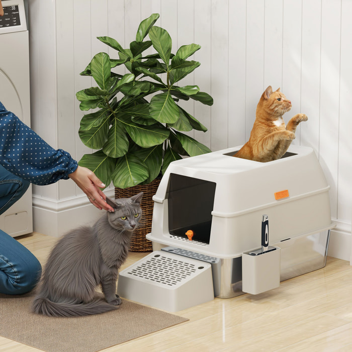 PawHut Arenero para Gatos Cubierto de Acero Inoxidable Caja de Arena para Gatos Arenero Cerrado para Gatos con Paso de Salida y Pala de Acero Inoxidable Gris Claro