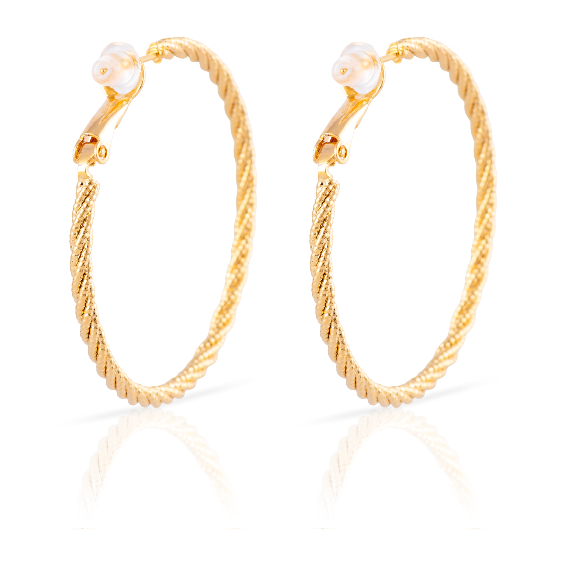 Pendientes de aro trenzado de cobre con baño de oro auténtico y acabado brillante, 40 mm, cierre catalán de plata de ley 925 con acabado dorado electroplateado.