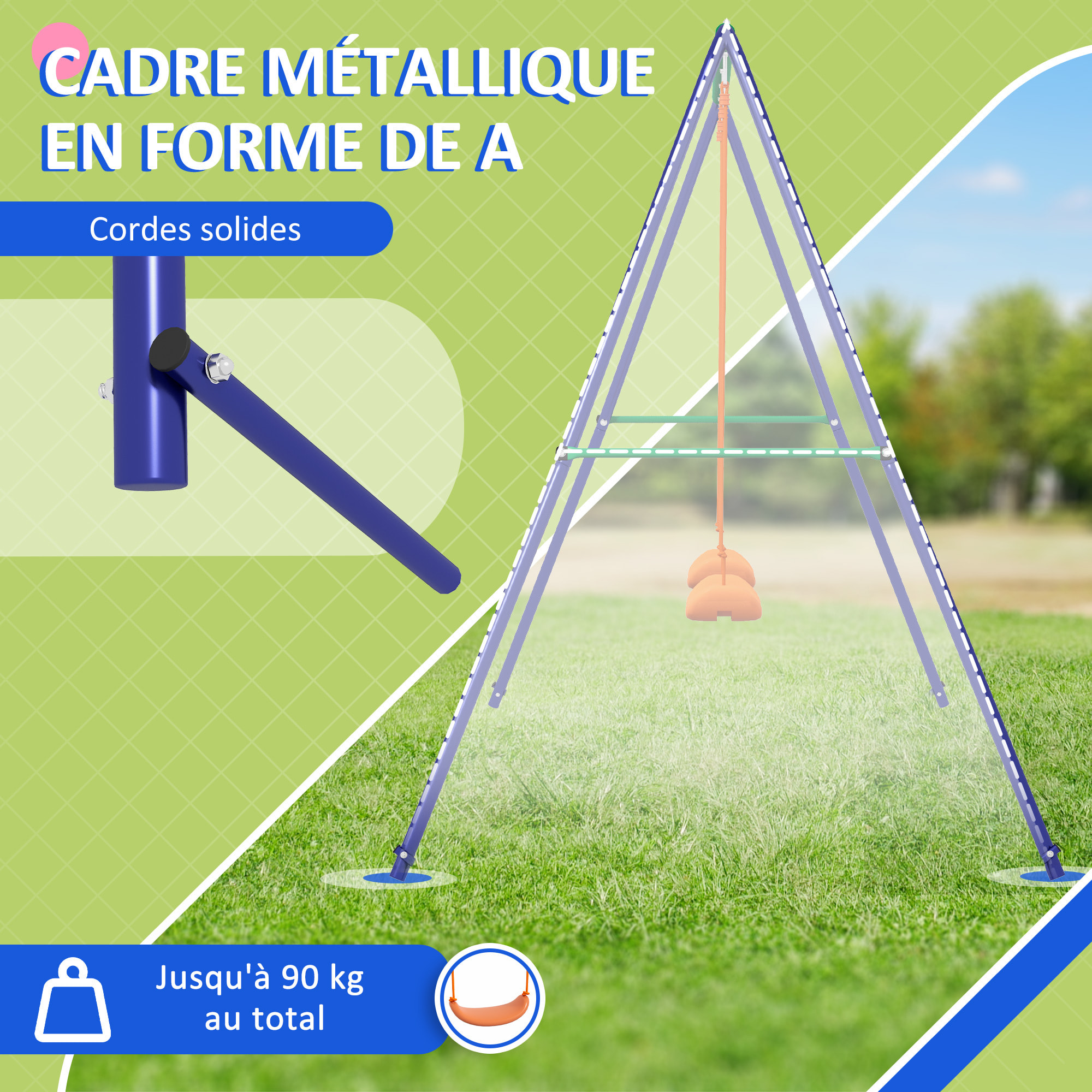 Balançoire 2 agrès portique avec 2 balançoires dim. 2,69L x 1,6l x 1,8H m métal époxy anticorrosion vert bleu PP orange