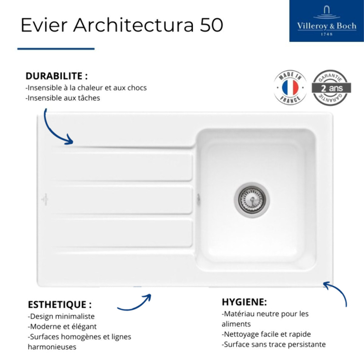 Evier 1 bac 86 x 51 cm Architectura 50 Blanc