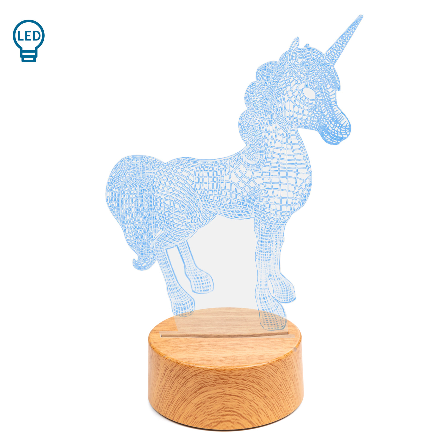 Lámpara ambiental efecto 3D, diseño Unicornio, base efecto madera. Luz LED.