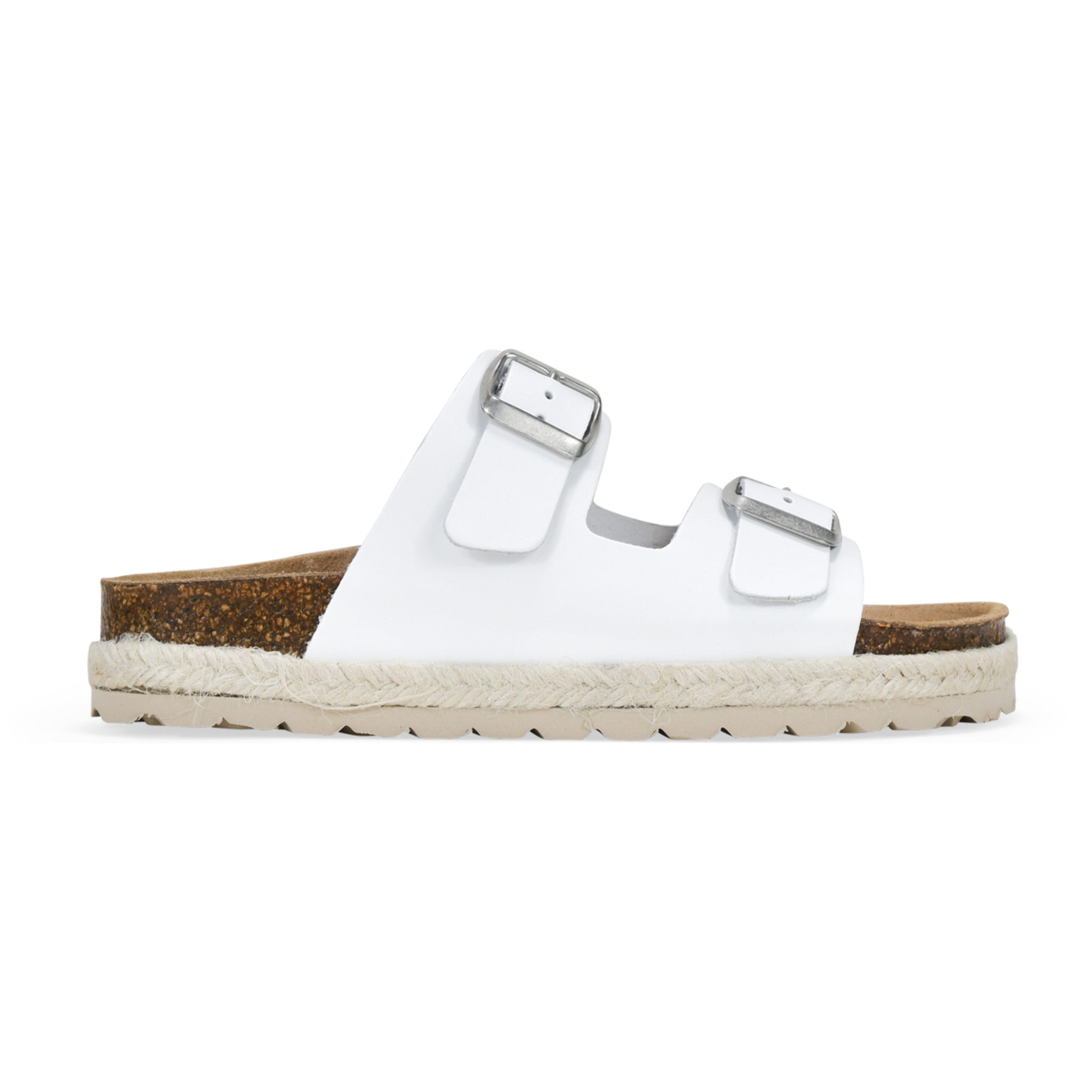 Sandalias planas de piel blancas con suela de corcho y esparto