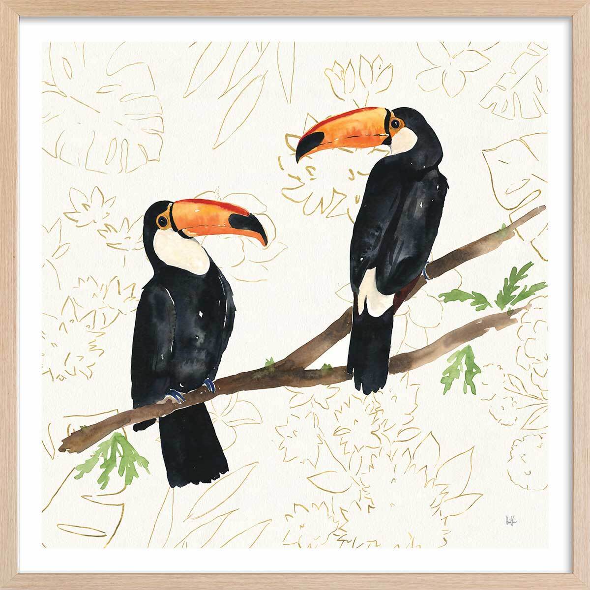 Affiche Joyeux oiseaux tropicaux Affiche + cadre en bois - Chêne