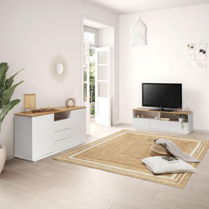 Mueble TV Bob 3 cajones 2 Huecos Blanco/Roble, Madera Maciza