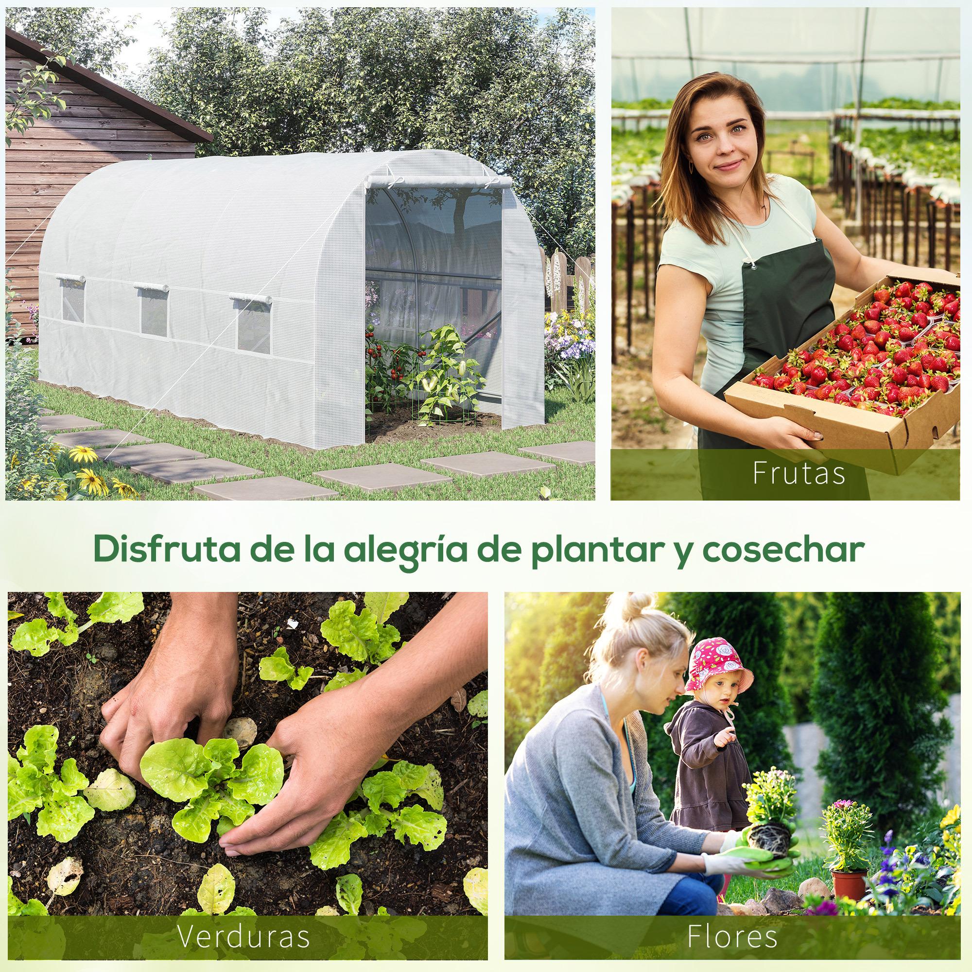 Invernadero de Túnel 450x200x200 cm Invernadero de Jardín con Puerta Enrollable y 6 Ventanas Cubierta PE 140 g/m² Anti-UV Marco de Metal para Cultivo Plantas Verduras Blanco