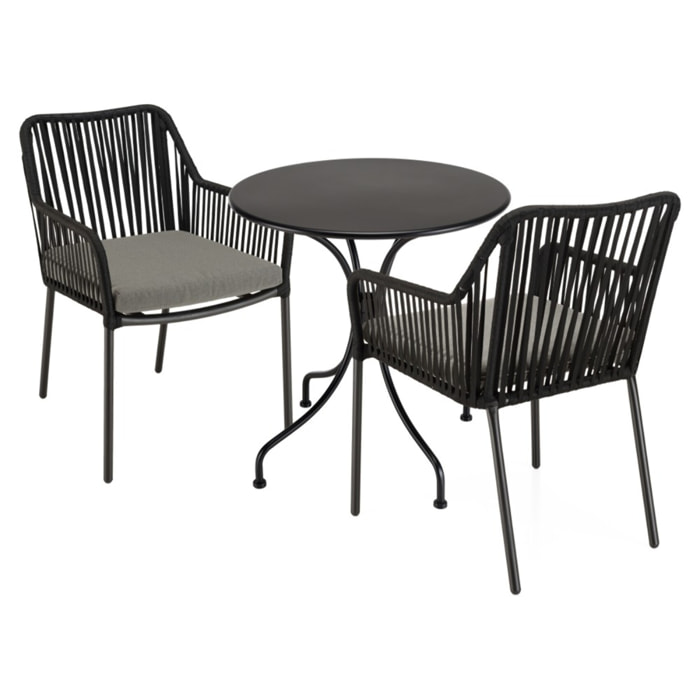 MALO - SALON DE JARDIN 2 PERS. - Table ronde 70x70cm et 2 fauteuils gris et noirs en cordage