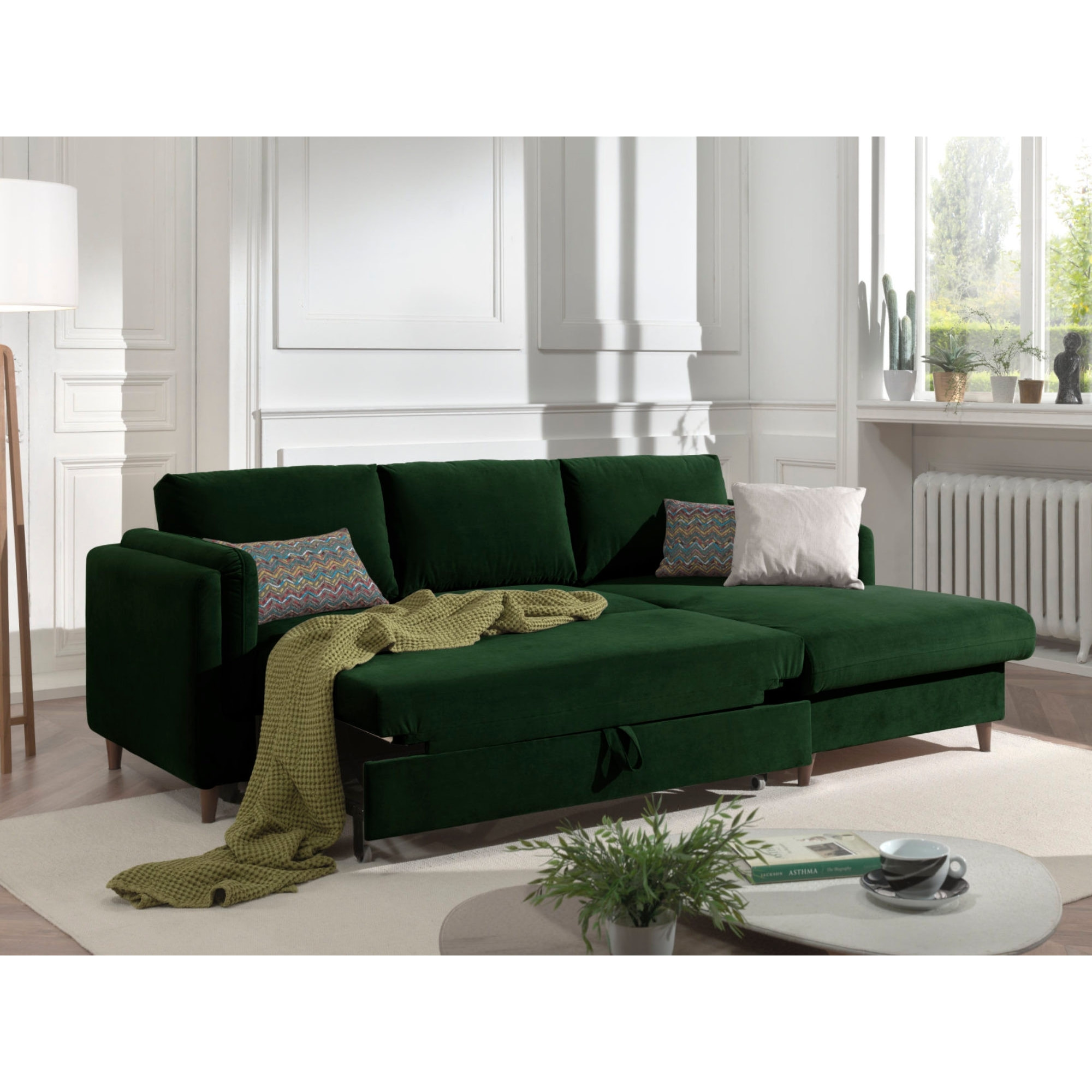 Brooke - canapé d'angle droit - convertible avec coffre - 4 places - en velours - Vert