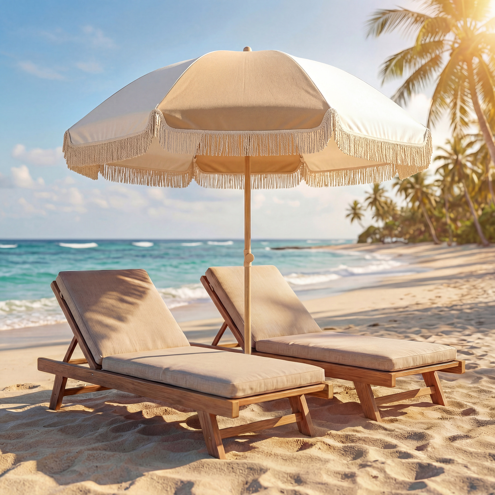 Parasol de plage inclinable à franges dia. 1,7 m beige blanc