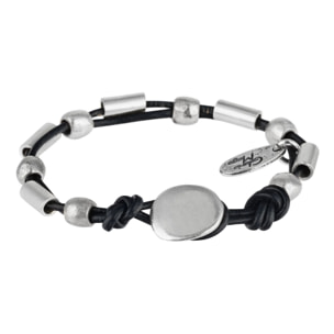 Pulsera cuero negro cierre botón plata chapado