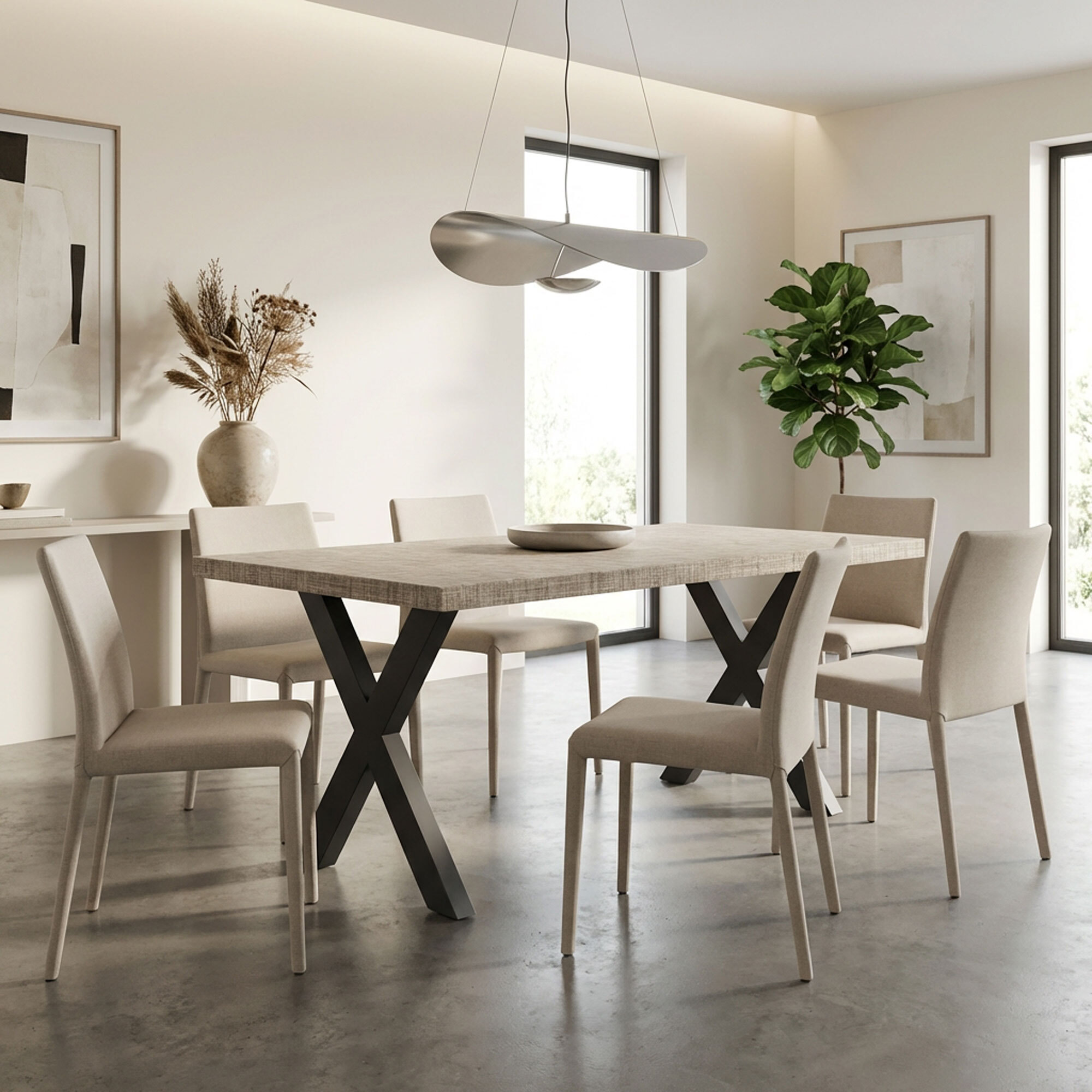 Tavolo da pranzo in legno e metallo con piedi x-shaped nero 160x90 cm Grigio Testurizzato