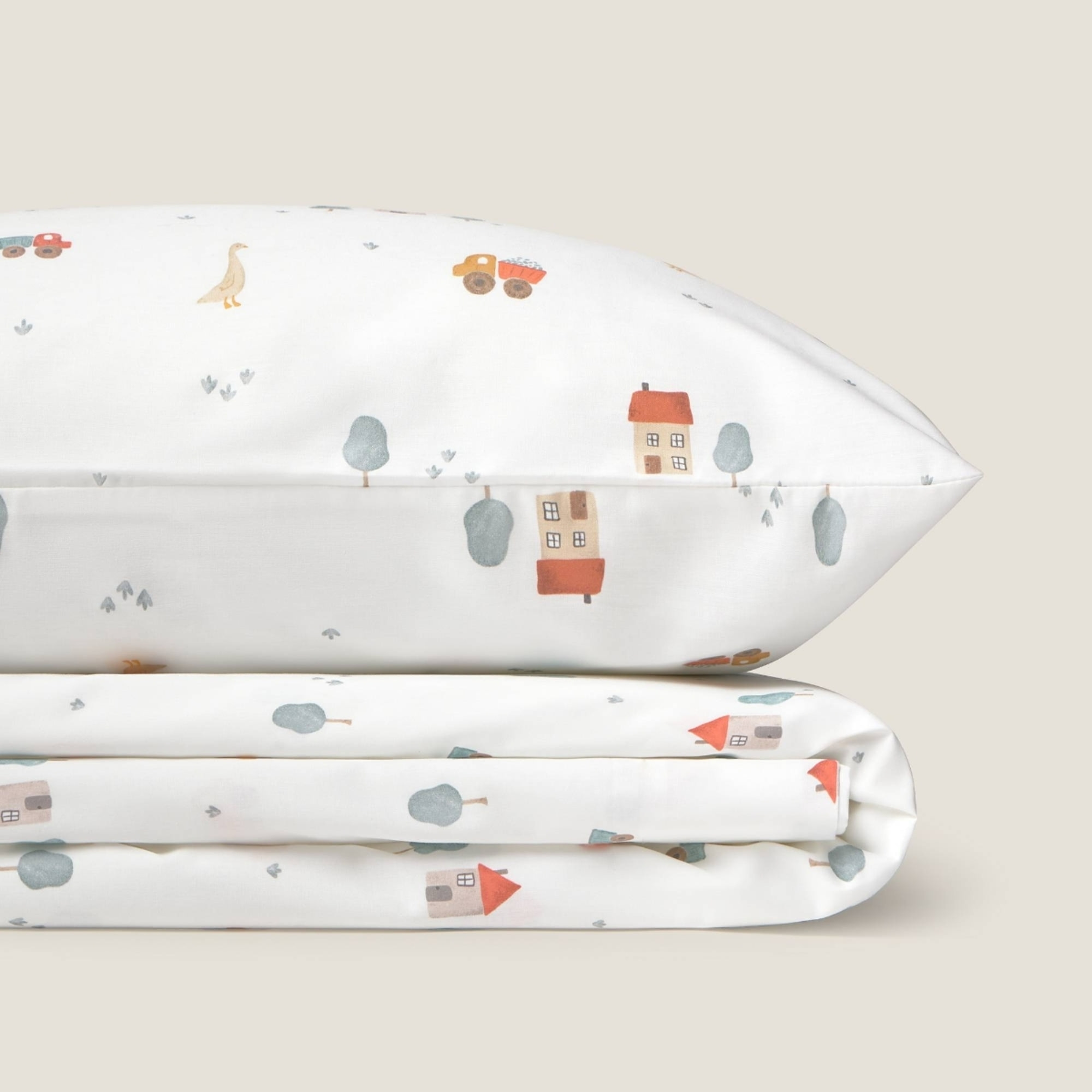 Sábana de algodón percal 180 hilos con estampado de casitas Itas color blanco 100% Algodón percal