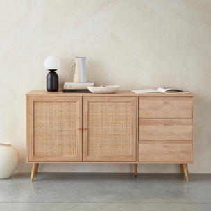 Buffet scandinave décor bois et cannage 2 portes 150cm BOHÈME