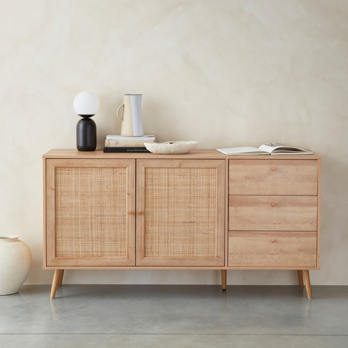 Buffet scandinave décor bois et cannage 2 portes 150cm BOHÈME