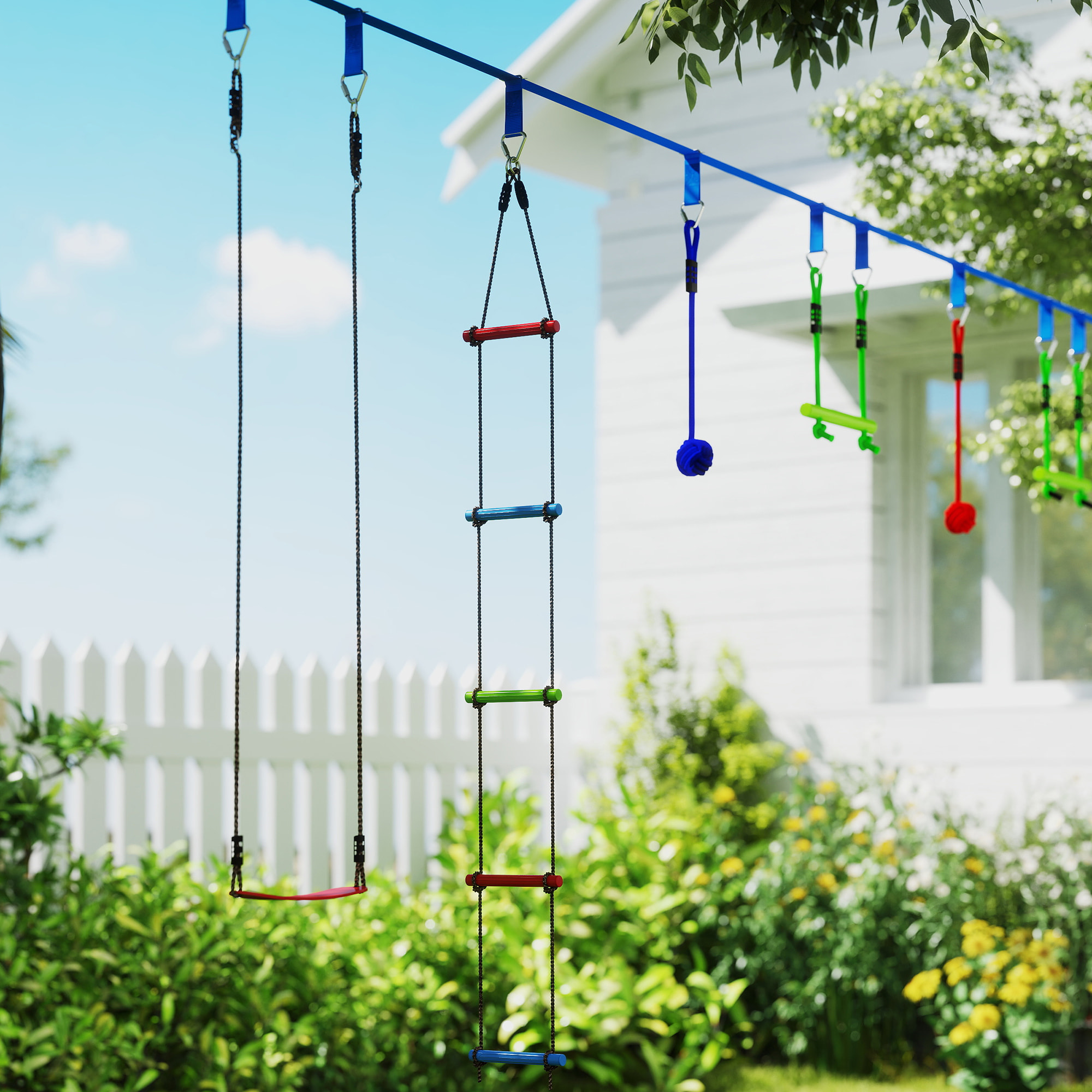Parcours d'obstacles ninja enfant 10m 10 accessoires max. 50Kg - slackline, sac transport - rouge bleu