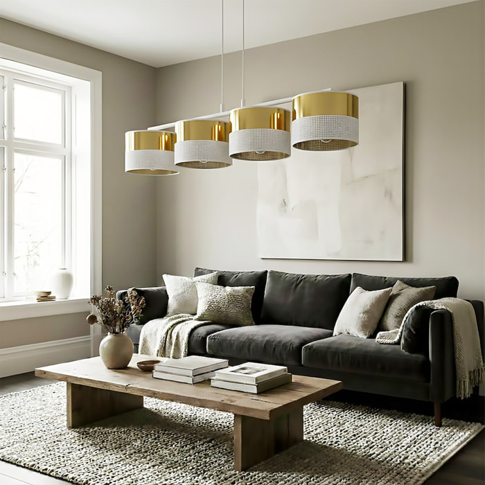 Lampada a sospensione Lux in acciaio bianco e oro