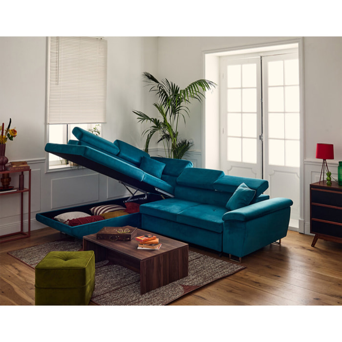 Dimas - canapé d'angle gauche 5 places - convertible avec coffre et têtières réglables - en velours - Bleu