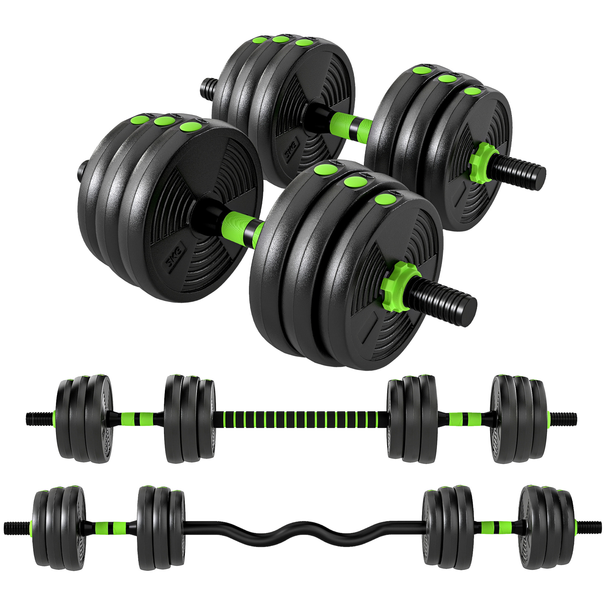 Ensemble d'haltères musculation multifonction 3 en 1 - haltères, Olympic barre, Curl EZ barre - total 20Kg - PVC vert noir