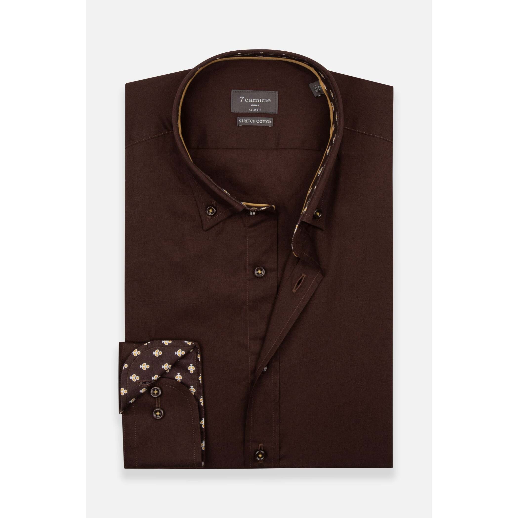 camicia uomo 1 bottone button down slim Popeline Stretch Unito Marrone
