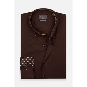 camicia uomo 1 bottone button down slim Popeline Stretch Unito Marrone
