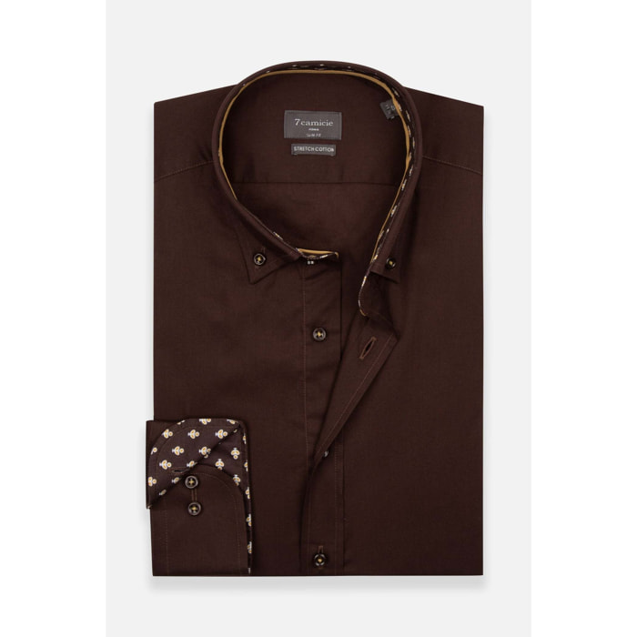 camicia uomo 1 bottone button down slim Popeline Stretch Unito Marrone