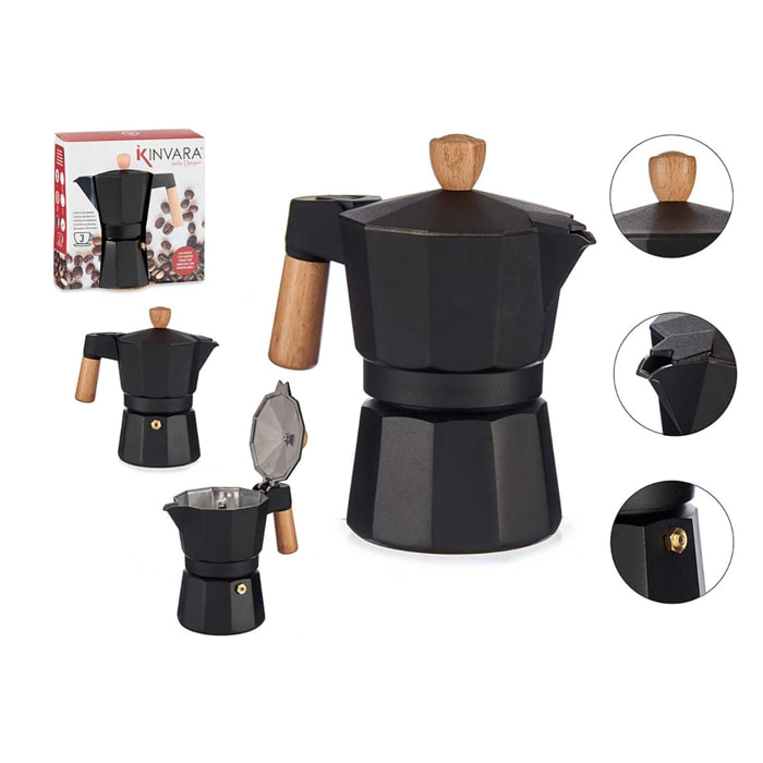 CAFETERA ALUMINIO 3 TAZAS NEGRA ASA MADERA