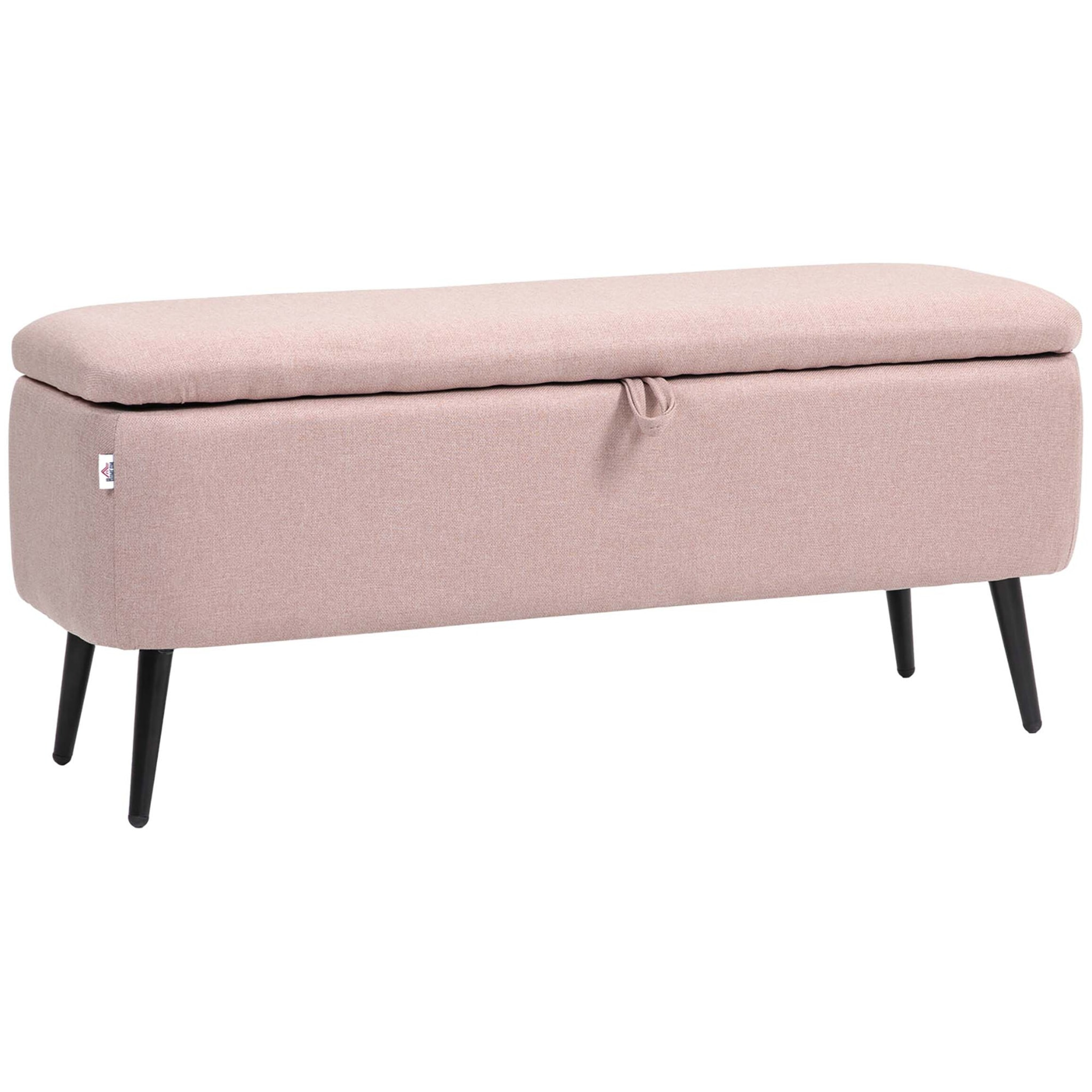 Banco de Almacenamiento Taburete de Almacenaje Tapizado en Lino con Tapa Abatible y Patas de Acero para Dormitorio Salón Entrada Carga 150 kg 101x38,5x44,5 cm Rosa