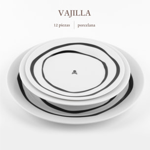 Set vajilla 12pc porcelana blanco y negro scalpers home