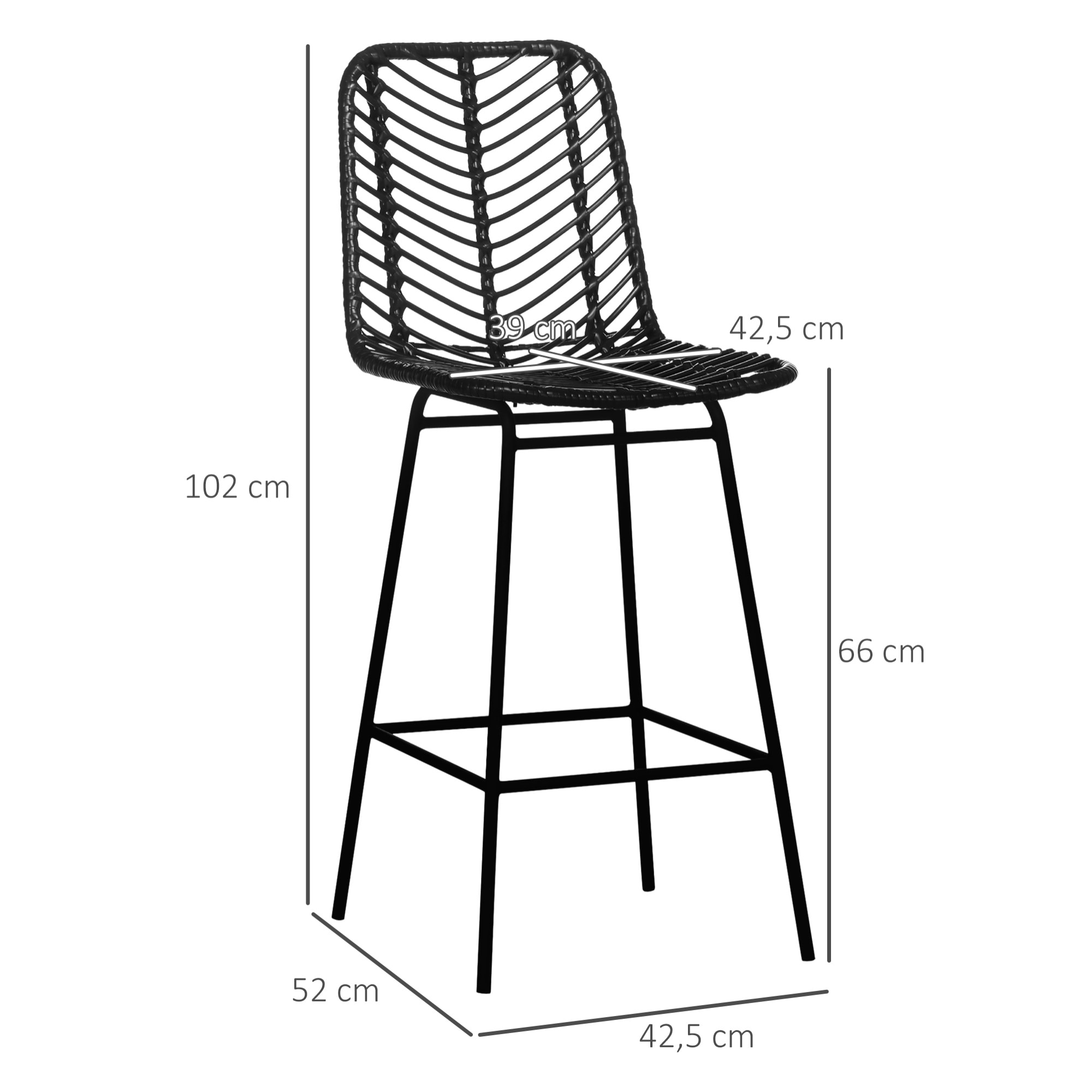 Lot de 2 tabourets de bar style colonial piètement acier résine tressée aspect rotin noir