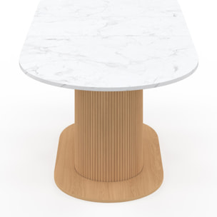 Table à manger extensible Maria effet marbre blanc et pied lattes 160-200cm