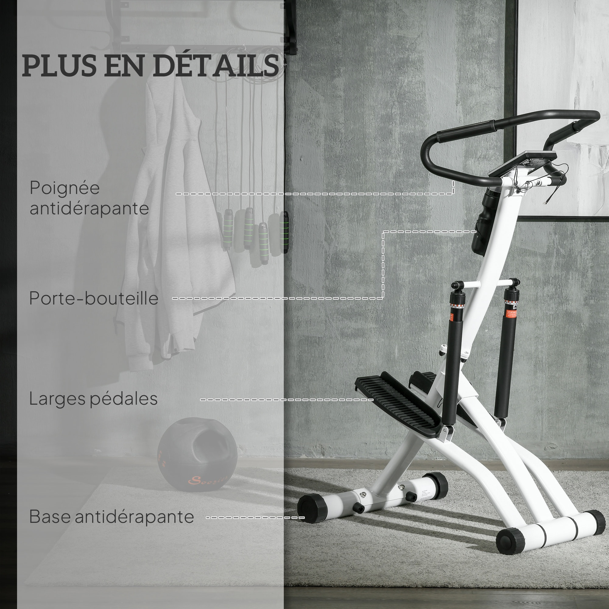 Stepper fitness pliable réglable - stepper avec guidon écran LCD multifonction porte-bouteille 2 roulettes acier blanc