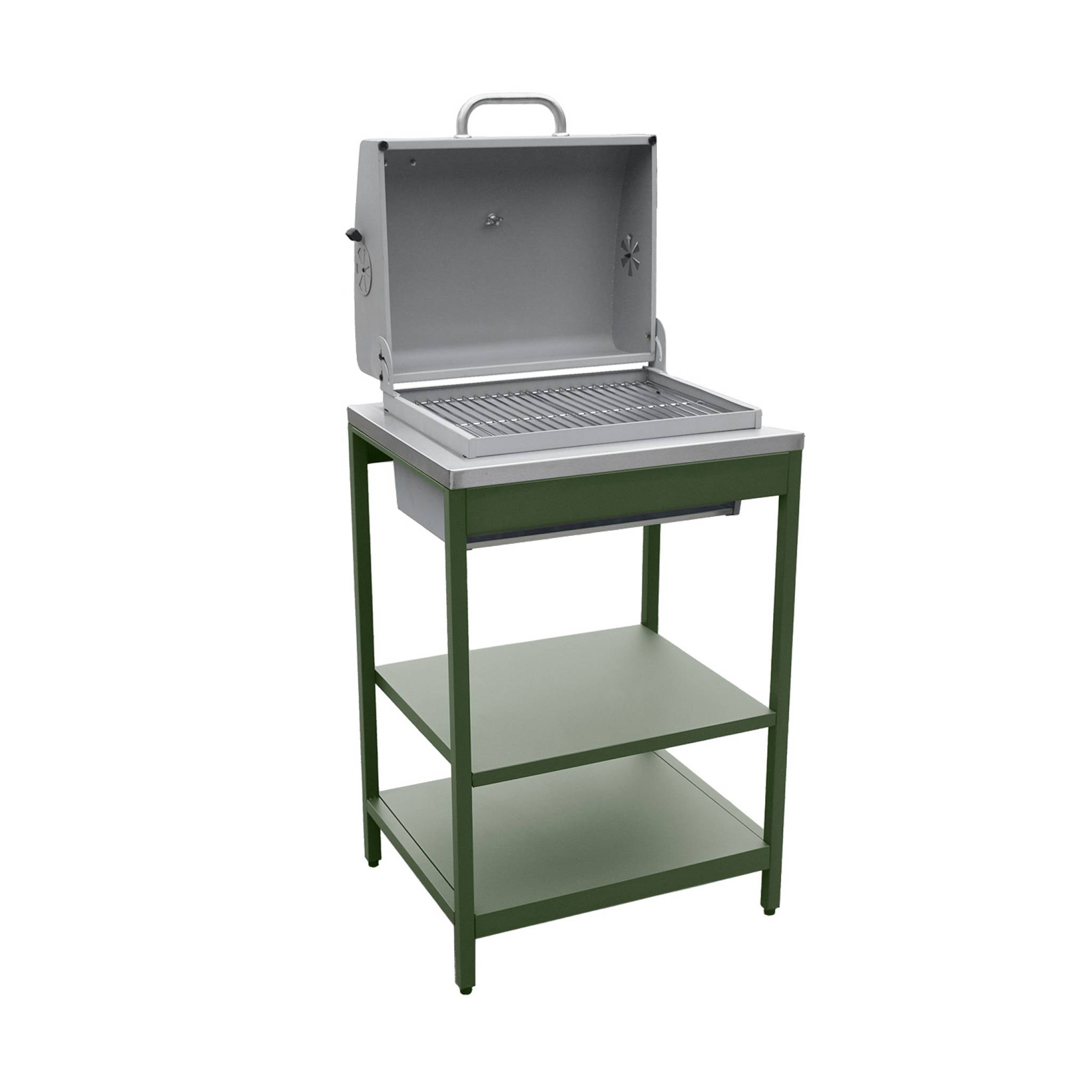 Barbecue grill charbon de bois vert Naxos grille chromée 2 étagères