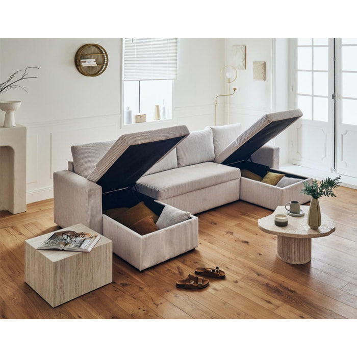 Cyrus - canapé panoramique en U - 7 places - convertible avec coffre - en velours côtelé - Beige