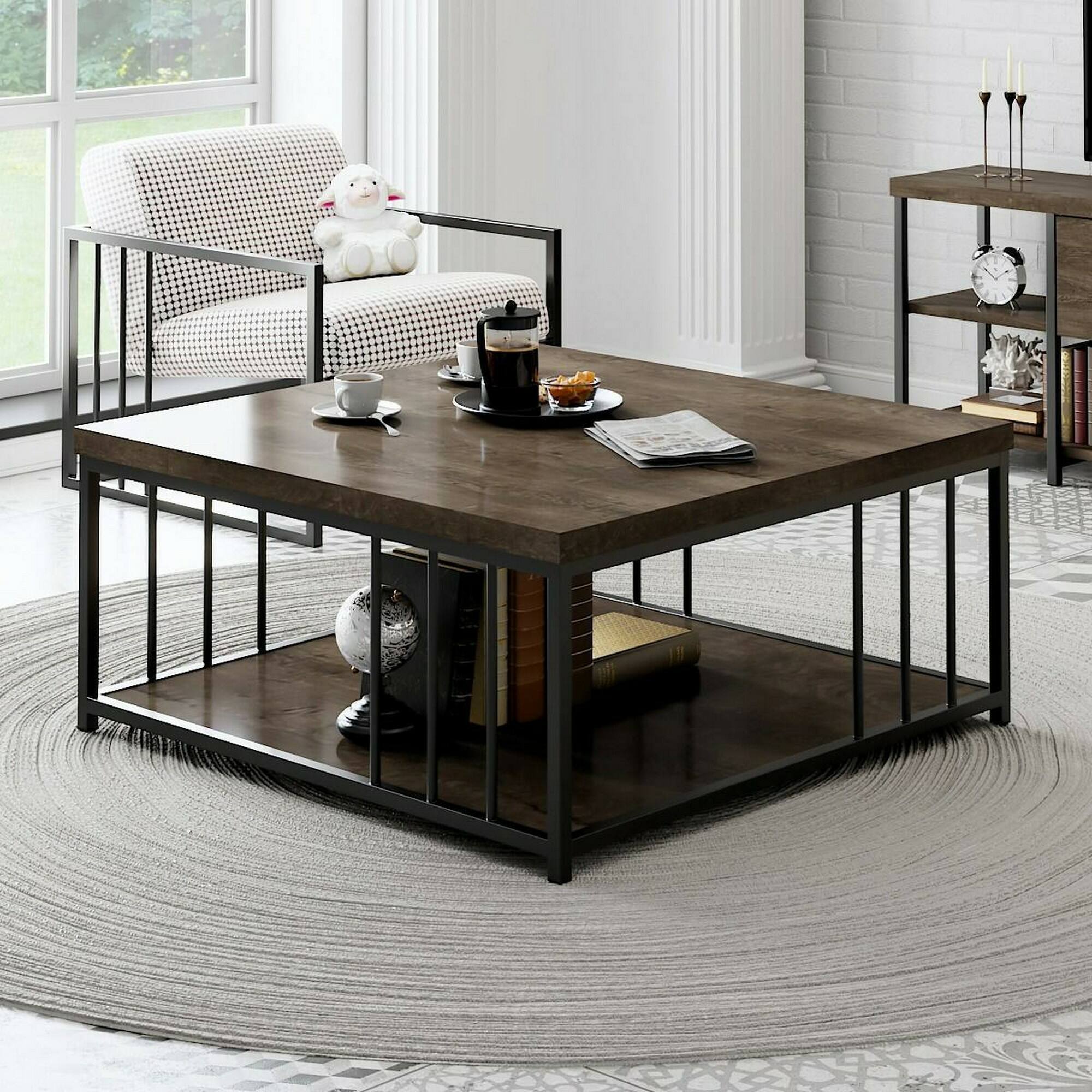 Tavolino da salotto Raiden, Tavolo basso da caffè, Portariviste per divano, Ripiano da soggiorno, 90x90h40 cm, Noce e Nero