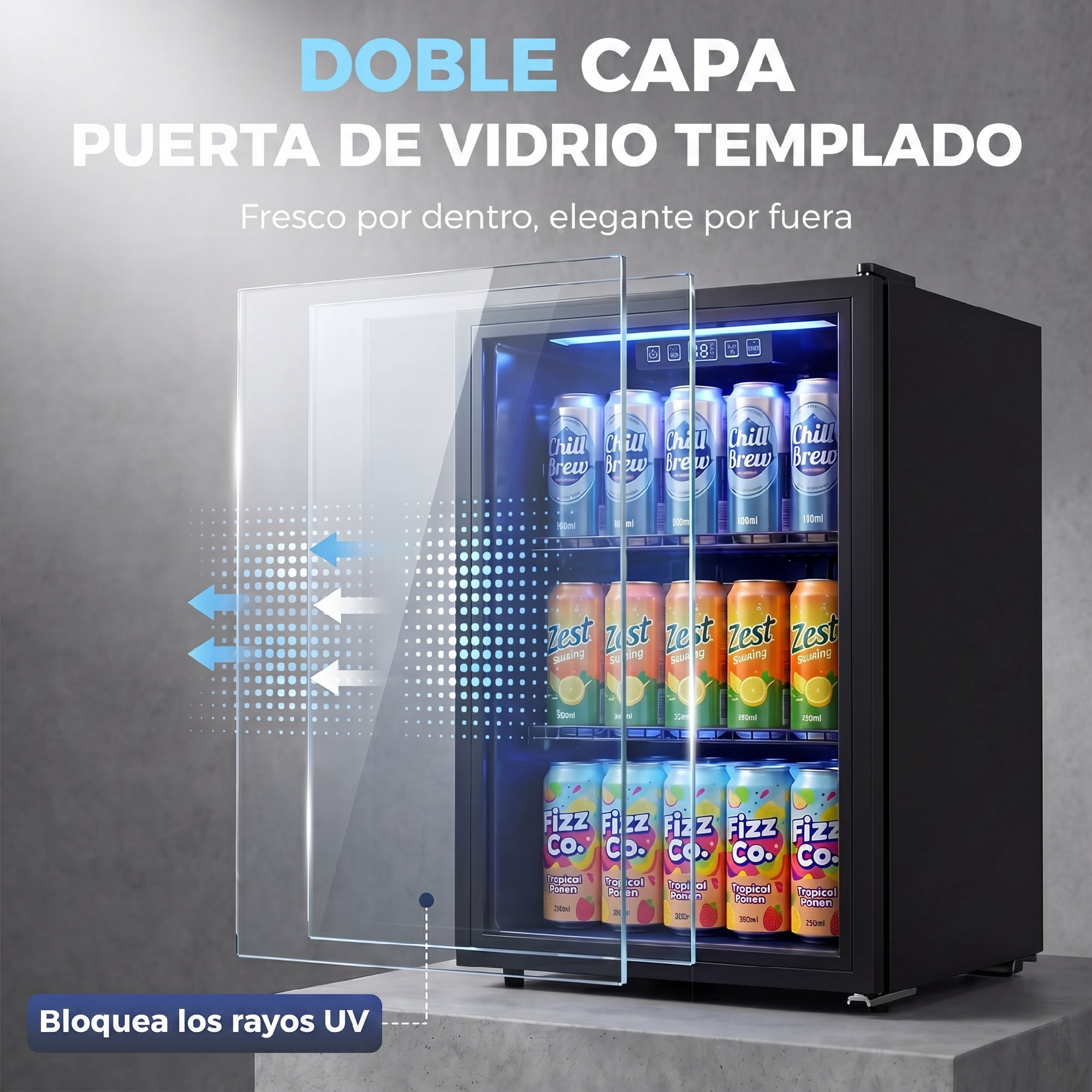 Frigorífico de Bebidas 70 L, Mini Nevera con Puerta de Vidrio Doble, Iluminación LED, 2 Estantes Ajustables, 2-18℃, para 70 Latas, Nevera Pequeña para Refrescos, Cerveza y Vino