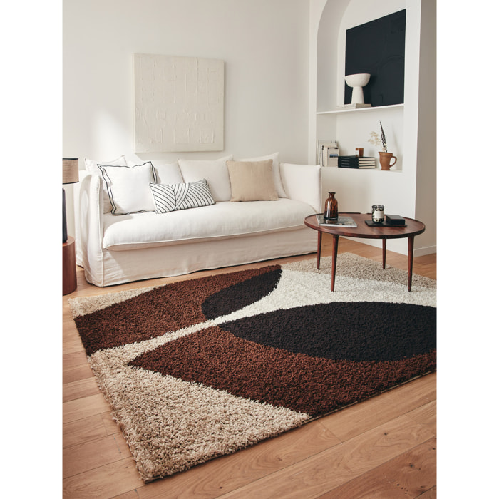 PALERME - Tapis shaggy à poils long à motif abstrait - Marron, Beige, Café et Crème