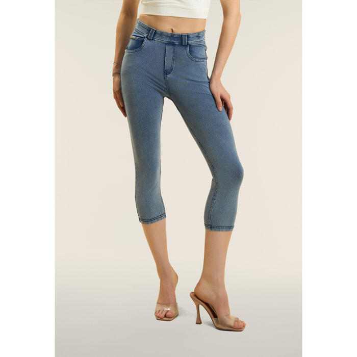 Pantaloni capri effetto denim con 5 tasche