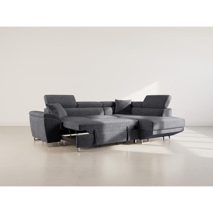Baoji - Canapé d'angle droit 5 places convertible avec têtières et coffre en velours côtelé - Gris