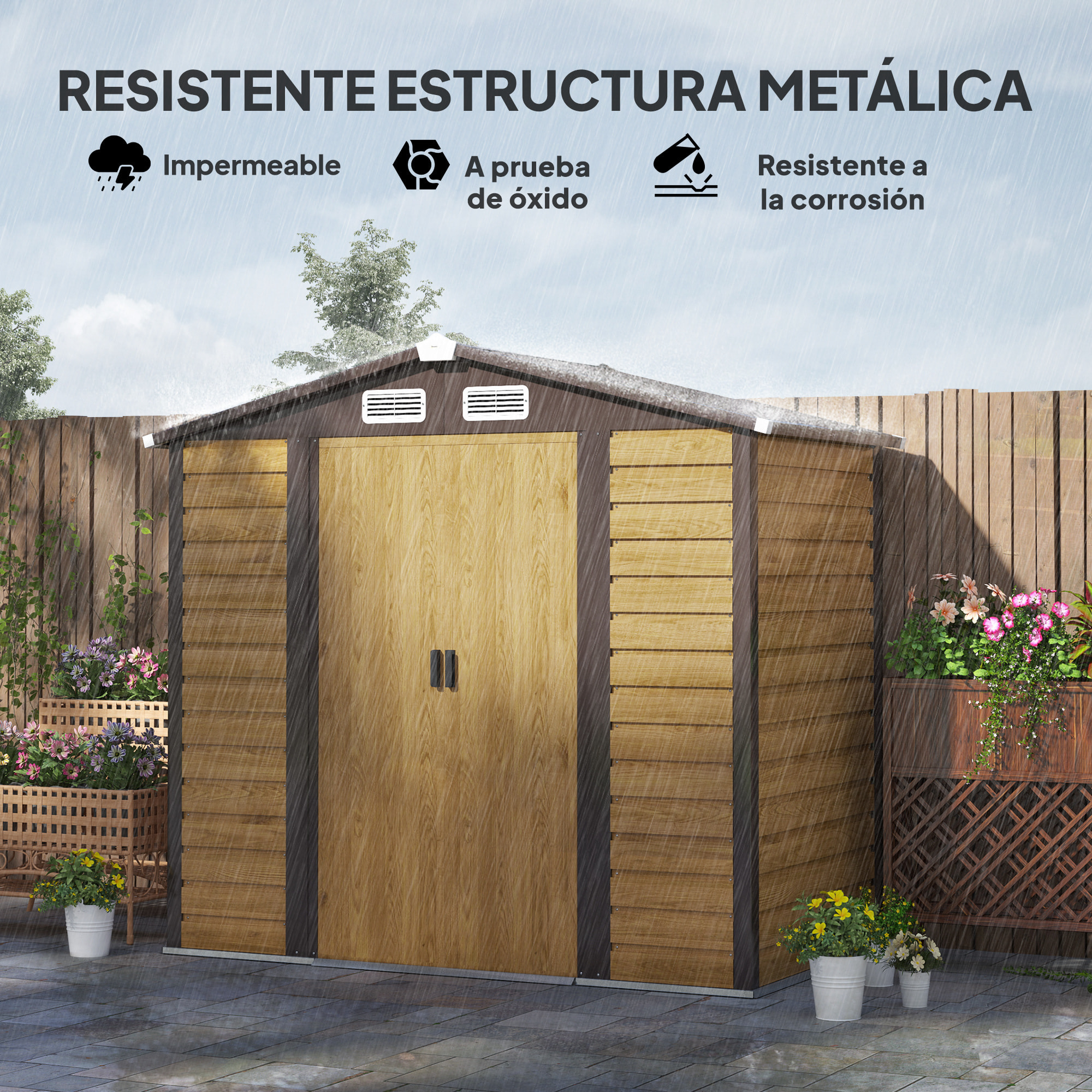 Caseta de Jardín Exterior 2,36m² 213x120x194 cm Cobertizo de Jardín Exterior con Base Refuerzo (Suelo NO Incluido) Puertas Correderas Dobles Candado Ventanas Roble