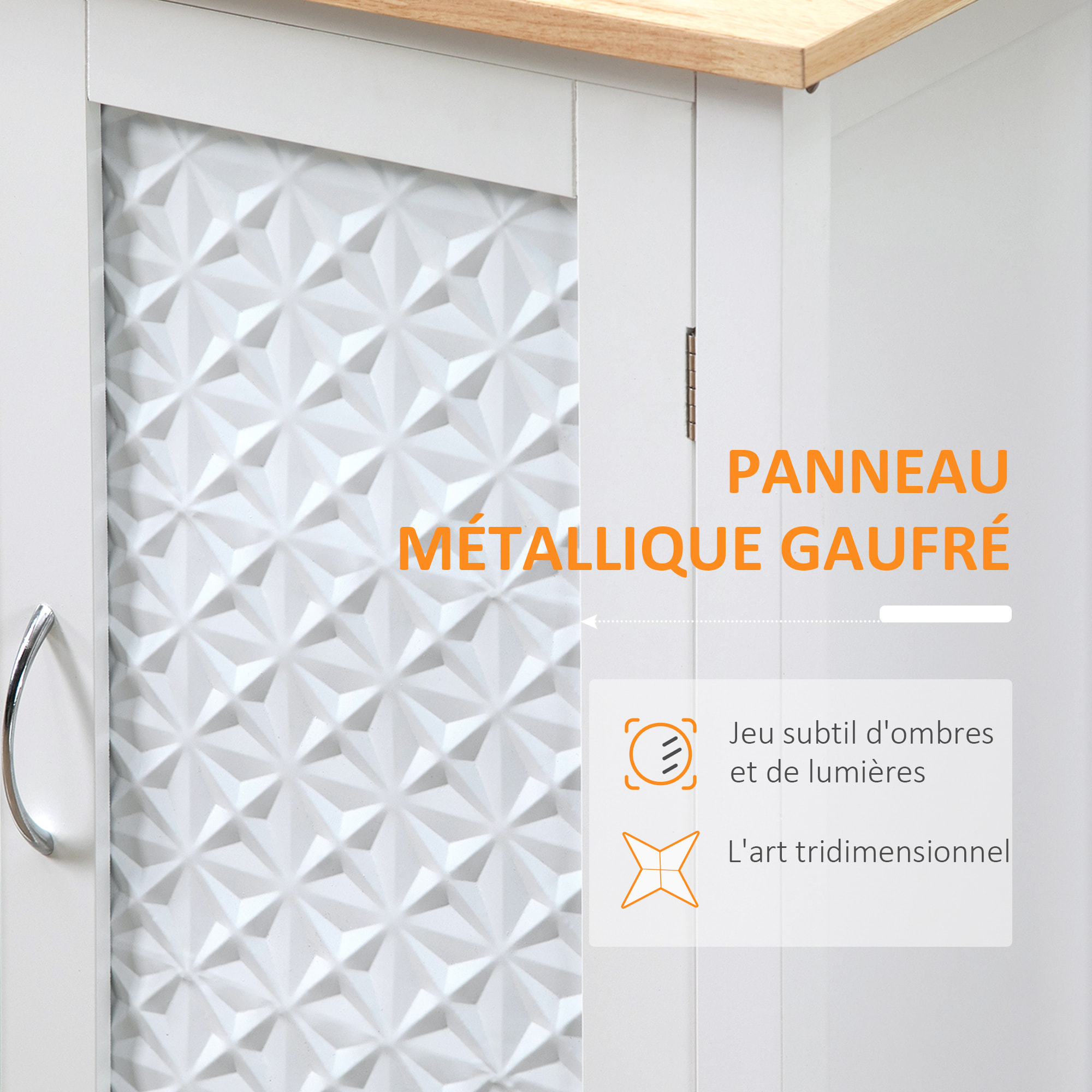 Desserte de cuisine style contemporain - porte, tiroir, 3 étagères - poignées métal MDF blanc plateau bois pin